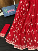 Radish Maroon cotton jamdani saree with white threads work all over work.