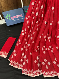 Radish Maroon cotton jamdani saree with white threads work all over work.