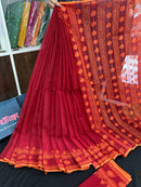 Red cotton jamdani saree with orange threads work