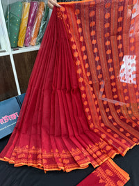 Red cotton jamdani saree with orange threads work