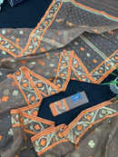 Peanut Brown dhakai jamdani saree with orange threads work & golden jori work all over soft count.