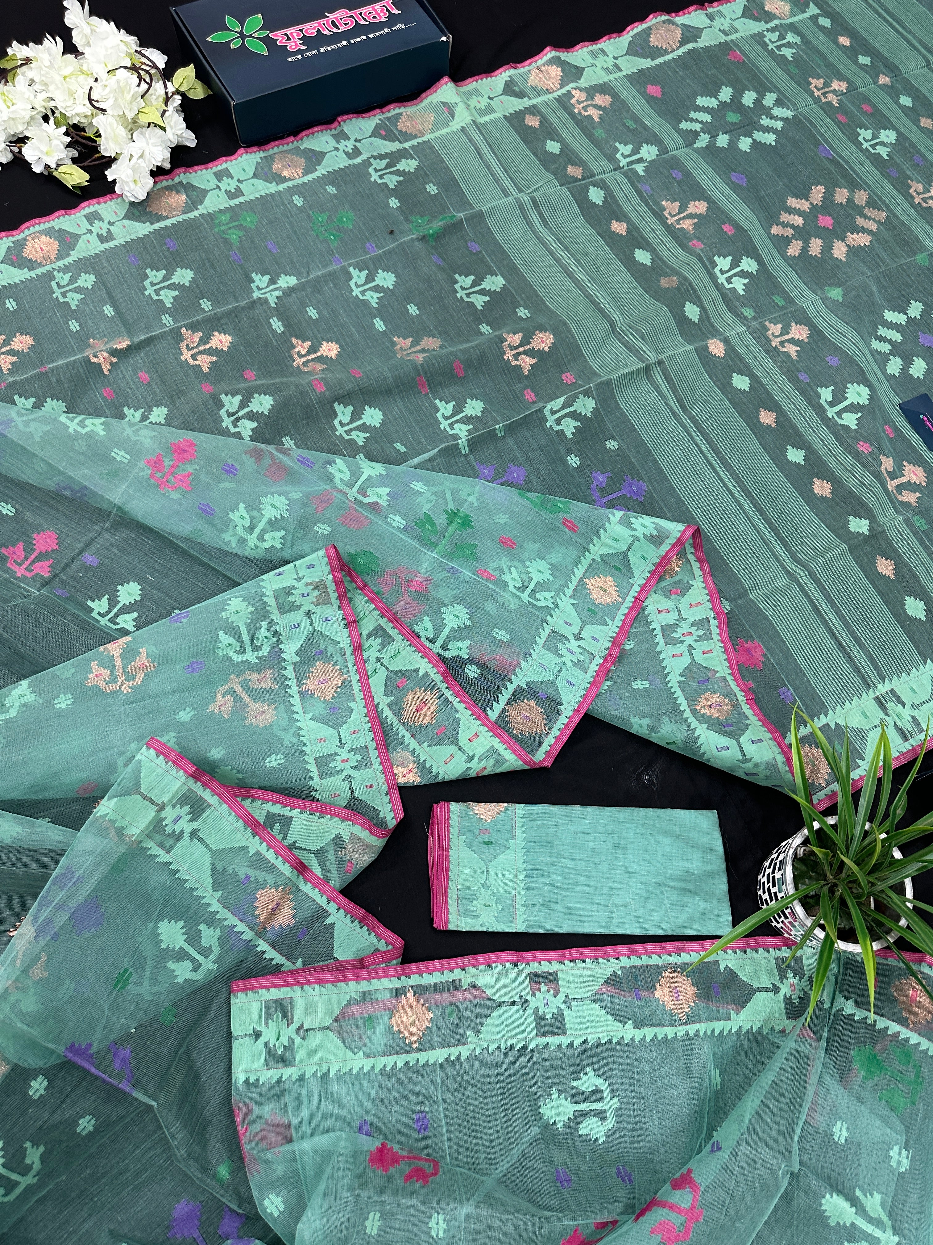 Bright Teal Blue dhakai Jamdani saree with pink border all over work soft count.