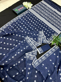 Deep blue jandani saree with white threads all over work.