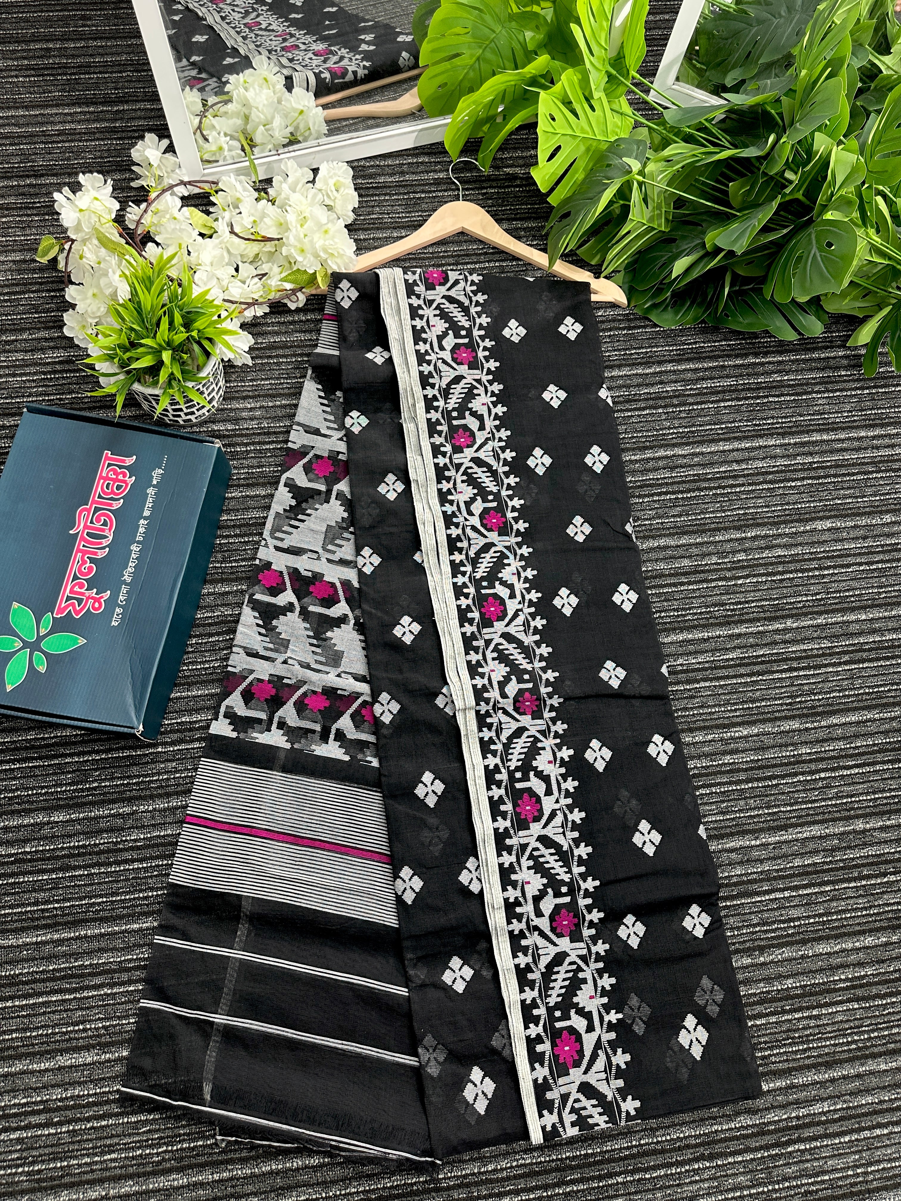 Black cotton jamdani saree with white threads and pink meena work