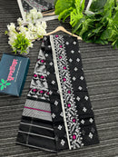 Black cotton jamdani saree with white threads and pink meena work