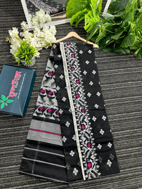 Black cotton jamdani saree with white threads and pink meena work