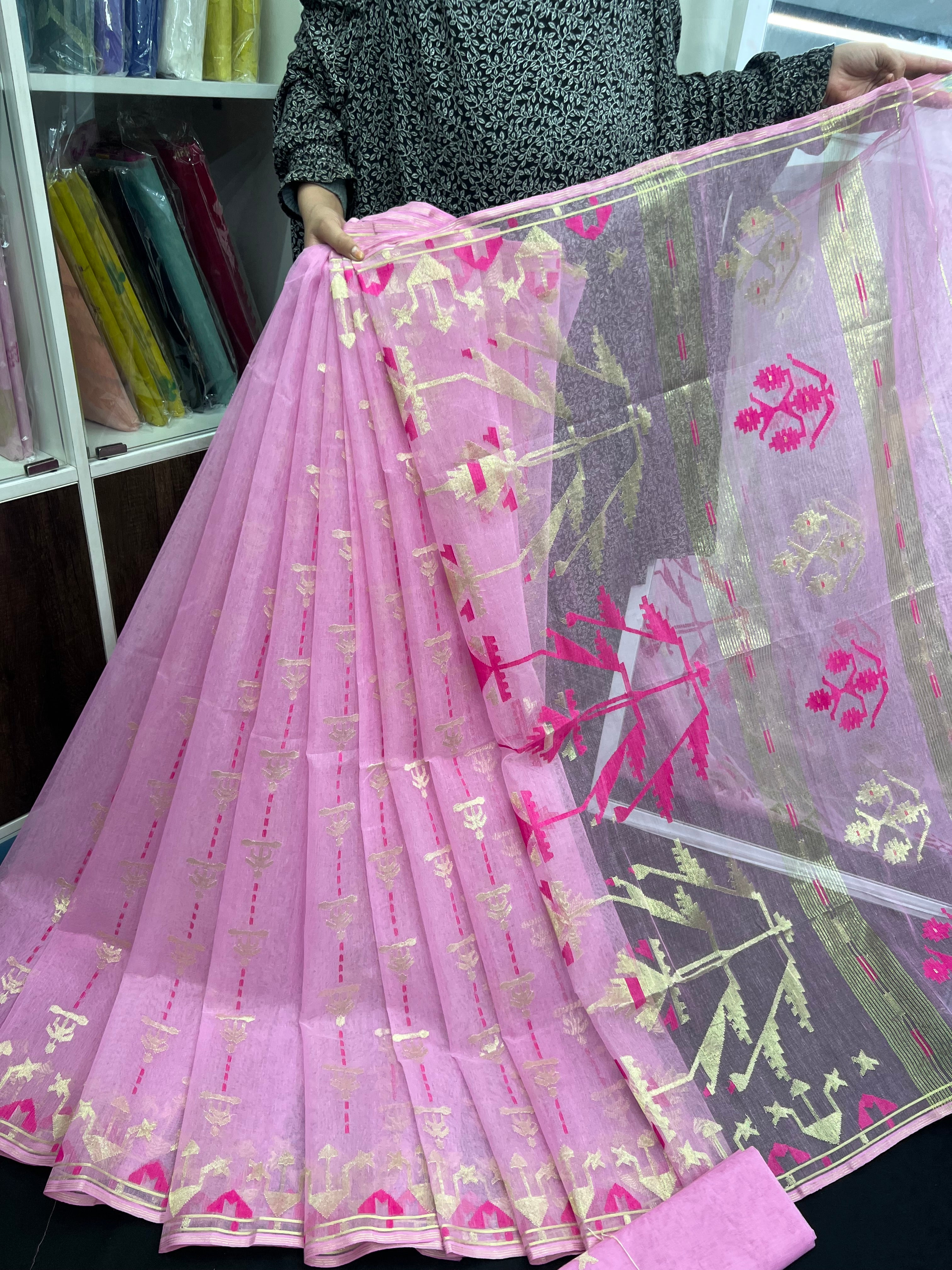 Lux Pink Original Handloom Hslfsilk Dhakai Jamdani Saree With Golden Jori Work and Magenta Threads Work