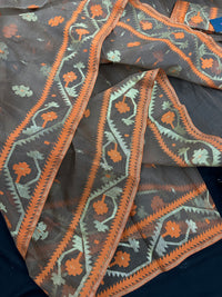 Peanut Brown dhakai jamdani saree with orange threads work & golden jori work all over soft count.