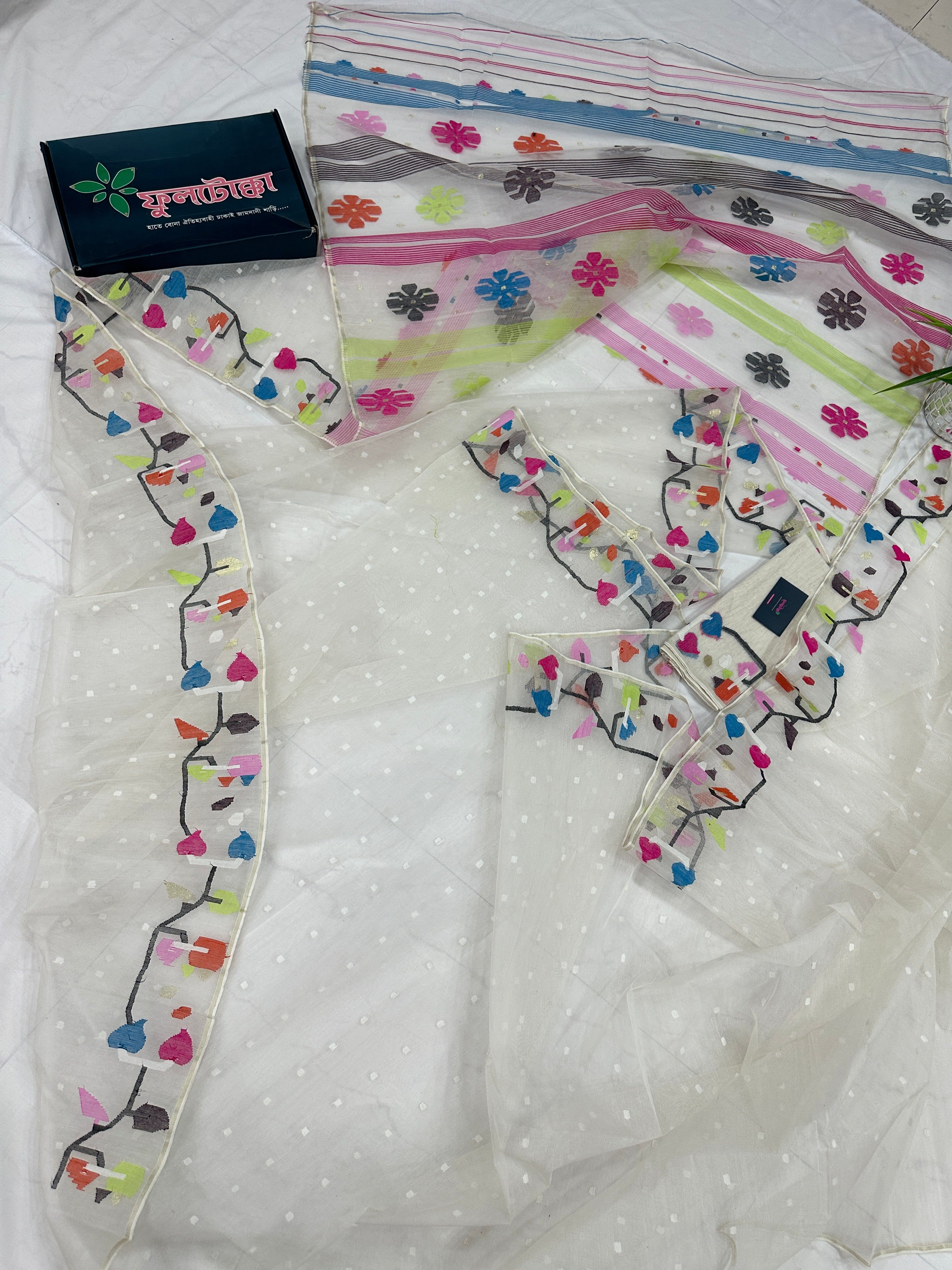 White Jamdani Saree With Multiple Threads Work.