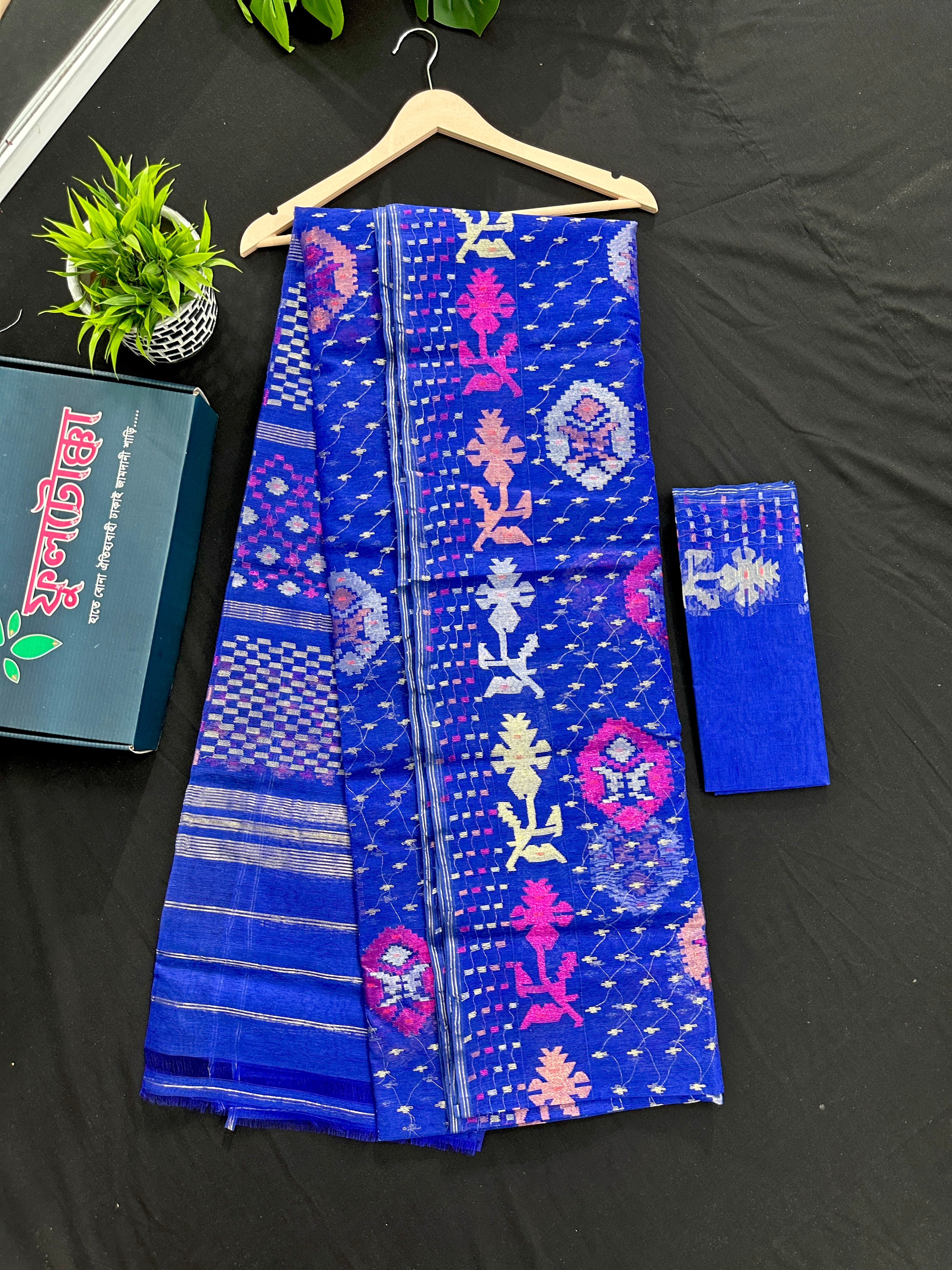 Royal blue halfsilk jamdani sari with golden silver copper pink jori work