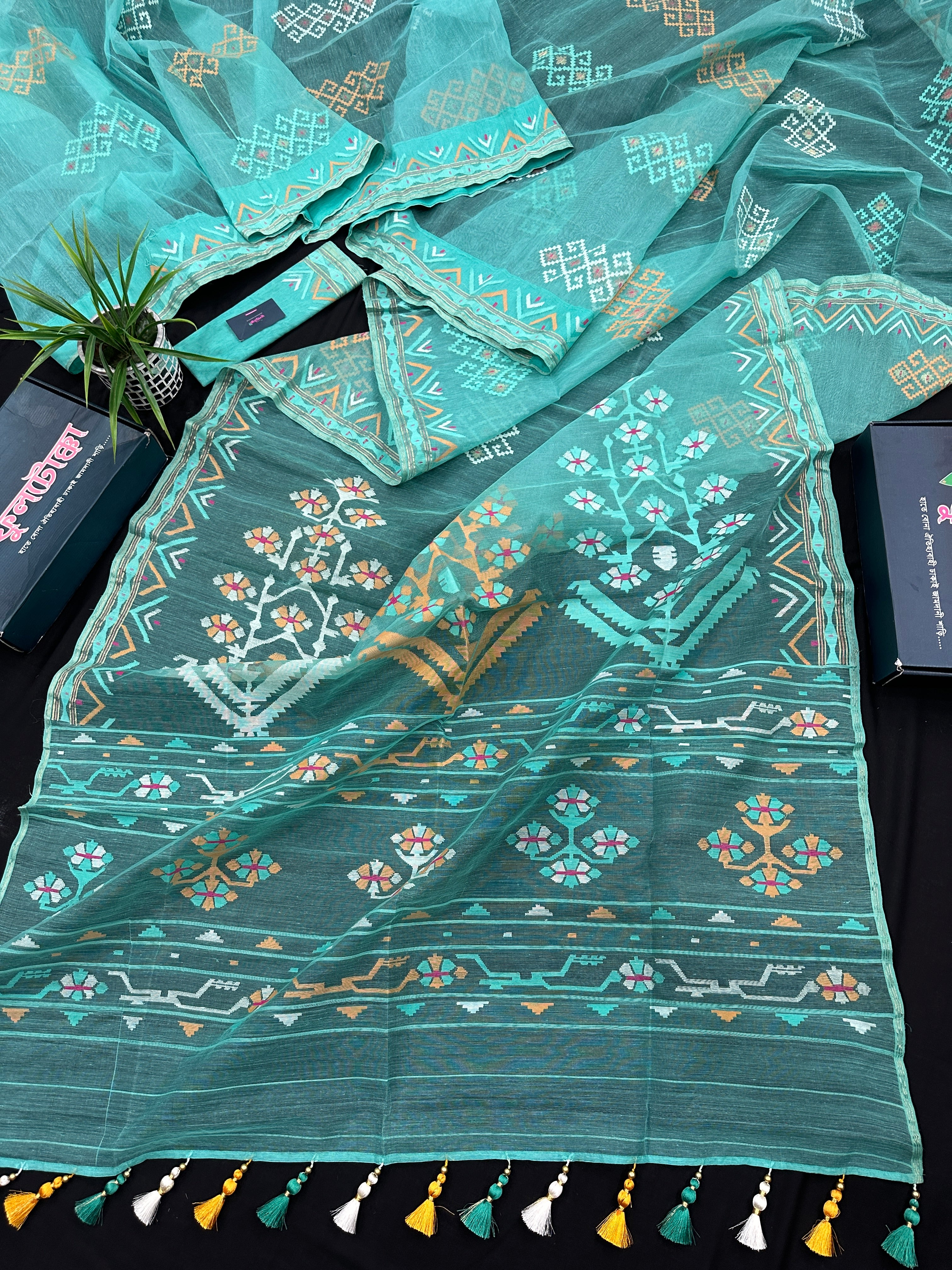 Ice blue exclusive halfsilk jamdani saree all over threads work