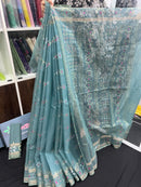 Surma ash halfsilk jamdani saree with golden silver & copper jori work and pink meena work