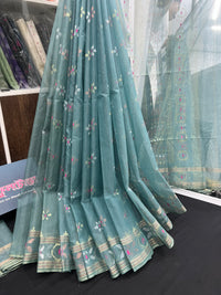 Surma ash halfsilk jamdani saree with golden silver & copper jori work and pink meena work