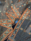 Peanut Brown dhakai jamdani saree with orange threads work & golden jori work all over soft count.