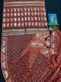 Brown reshom halfsilk jamdani saree with golden silver & copper jori work.