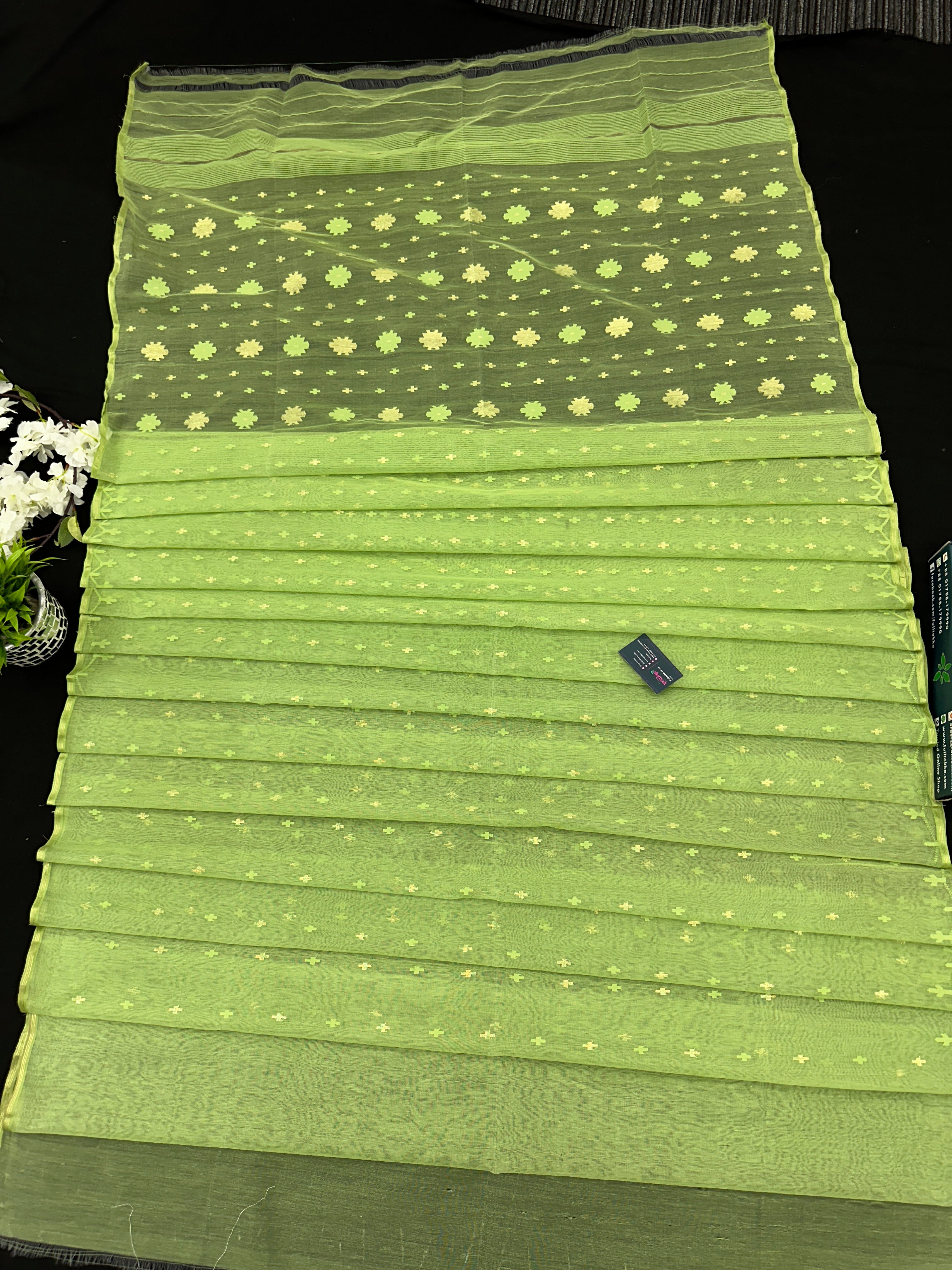 Olive Green Original Handloom Halfsilk Dhakai Jamdani Saree With Self Threads Work & Golden Jori Work