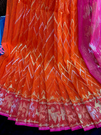 Orange halfsilk jamdani with magenta paar and golden silver & copper jori work