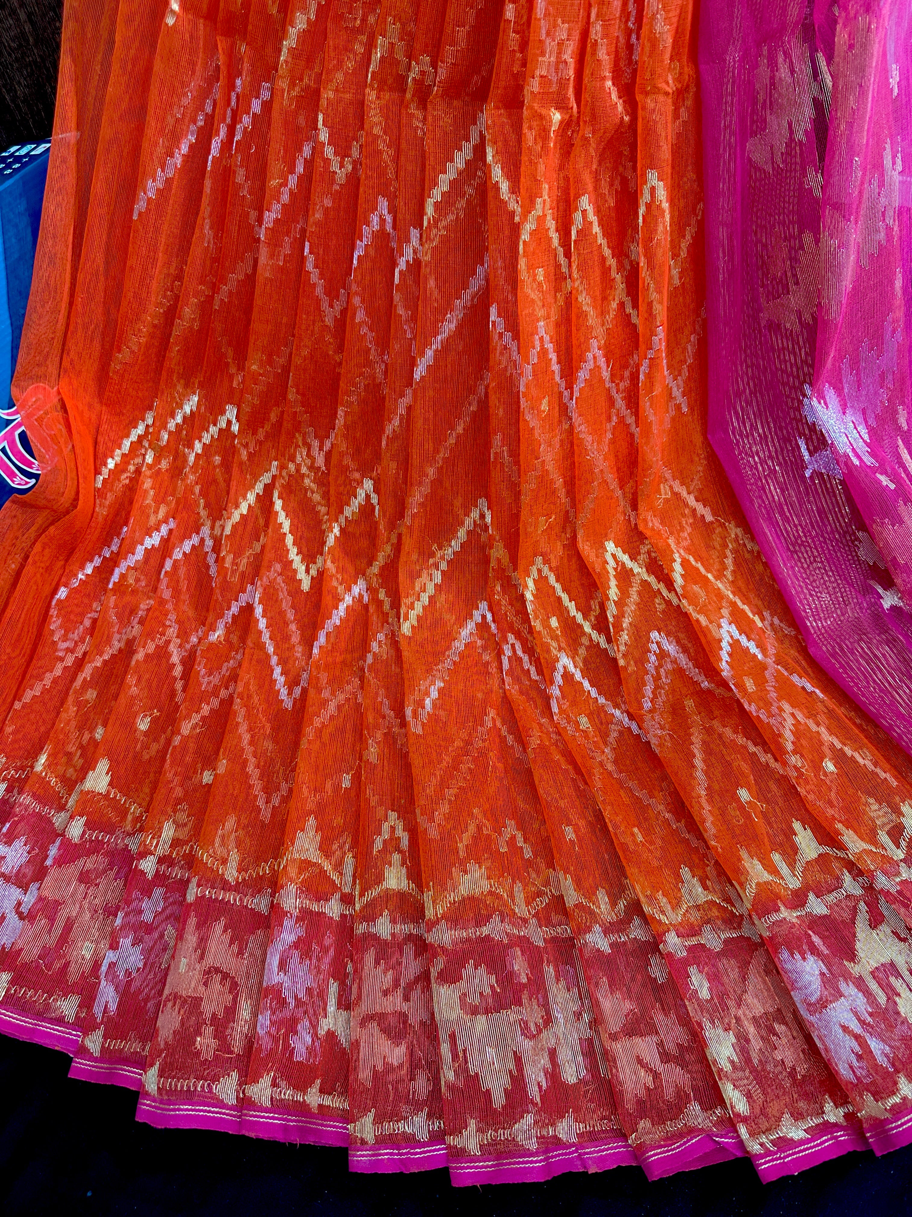 Orange halfsilk jamdani with magenta paar and golden silver & copper jori work