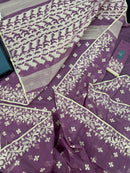 Onion cotton jamdani saree with yellowish threads work all over work.