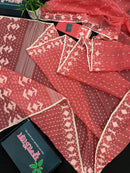 Sweet pink cotton jamdani saree with white threads work and blouse piece.