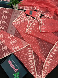 Sweet pink cotton jamdani saree with white threads work and blouse piece.