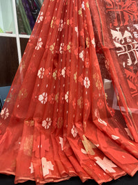 Brick colour halfsilk jamdani saree with self threads work and off white threads work