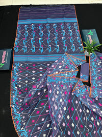 Purplish Blue dual toned jamdani saree with white pink blue threads work & blouse piece.