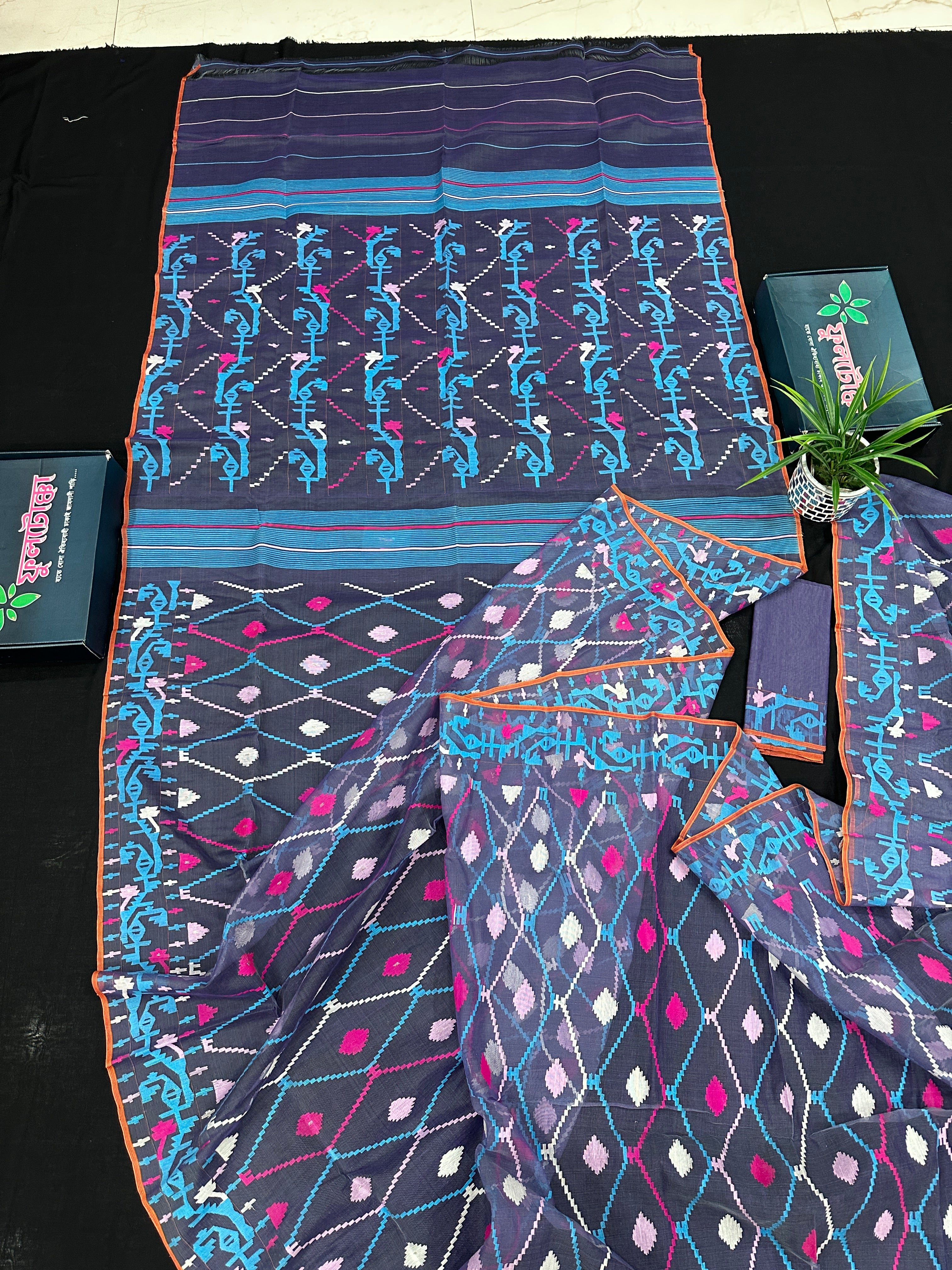 Purplish Blue dual toned jamdani saree with white pink blue threads work & blouse piece.