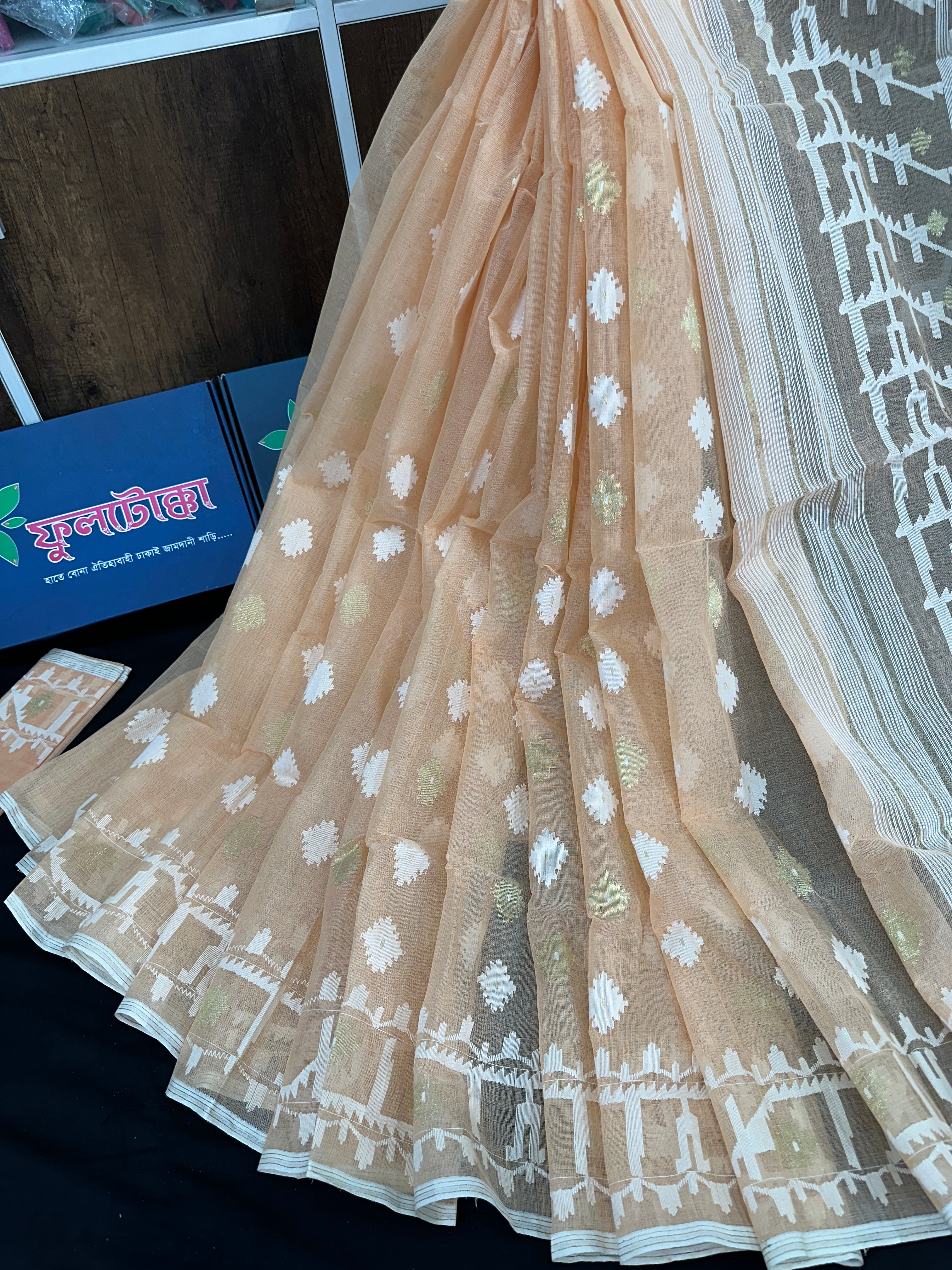 Pearl white cotton jamdani saree with white threads work & blouse piece