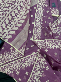 Onion cotton jamdani saree with yellowish threads work all over work.