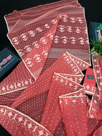 Sweet pink cotton jamdani saree with white threads work and blouse piece.