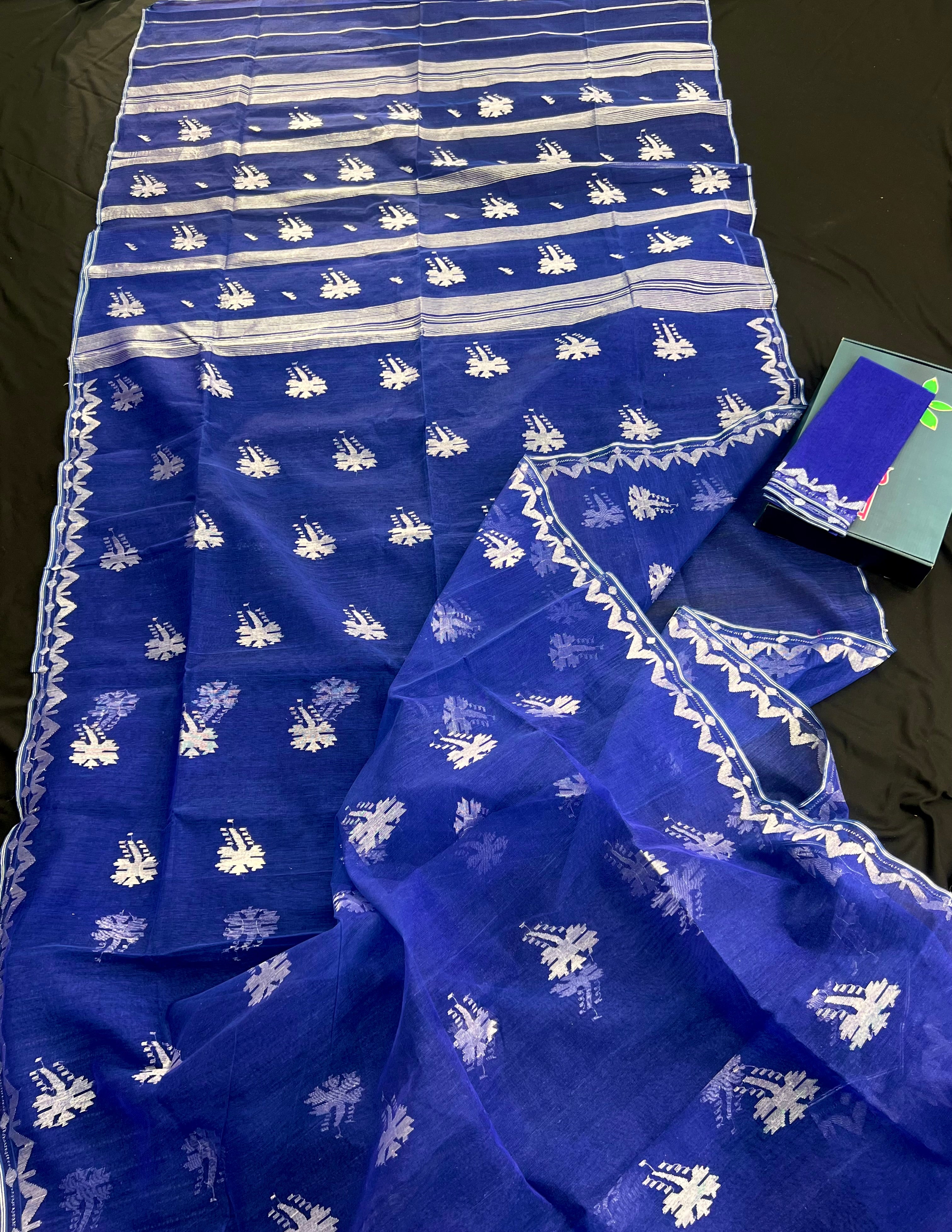 Blue Jamdani With Silver Jori Work.