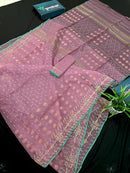 Onion colour jamdani saree with pink meena and green border.