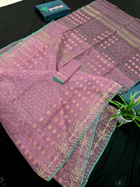 Onion colour jamdani saree with pink meena and green border.