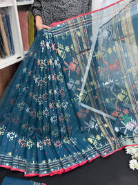 Blue Colour Original Handloom Halfsilk Dhakai Jamdani Saree With Golden Silver & Copper Jori Work