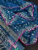 Peacock blue jamdani saree with golden silver copper jori work and pink border