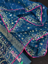 Peacock blue jamdani saree with golden silver copper jori work and pink border