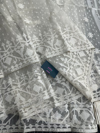 White exclusive halfsilk jamdani saree with white threads work and blouse piece