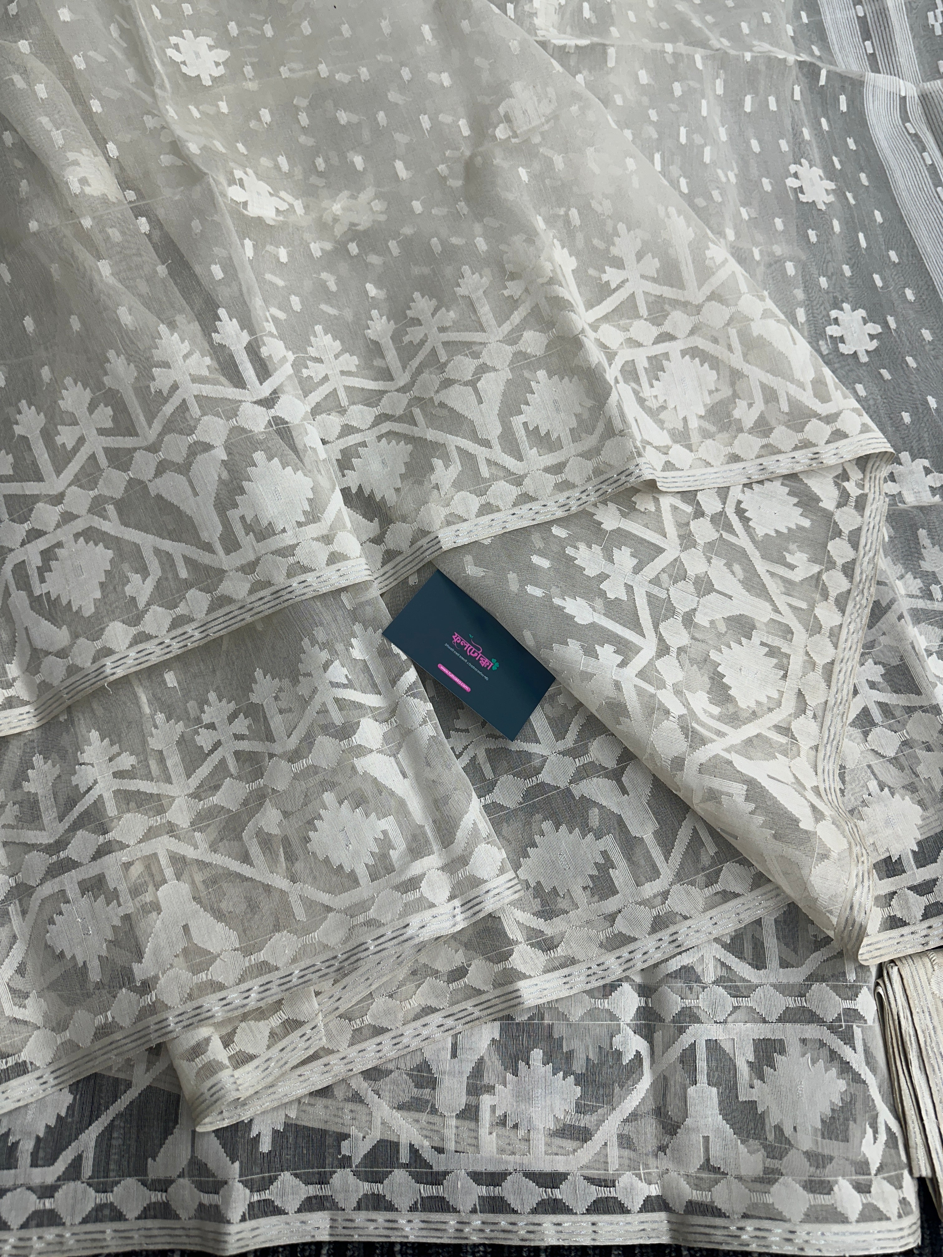 White exclusive halfsilk jamdani saree with white threads work and blouse piece