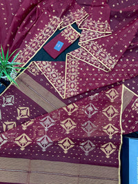 Maroon cotton jamdani with yellowish threads work.