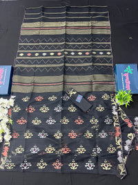 Black colour handloom halfsilk original dhakai jamdani saree with golden silver & copper jori work