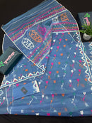 Dusty blue jamdani saree with pink white blue green work and white paar.
