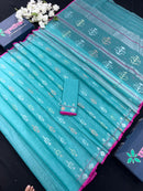 Aqua blue halfsilk handloom original dhakai jamdani saree with golden silver & copper jori work