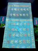 Ocean blue halfsilk jamdani saree with golden silver & copper jori work