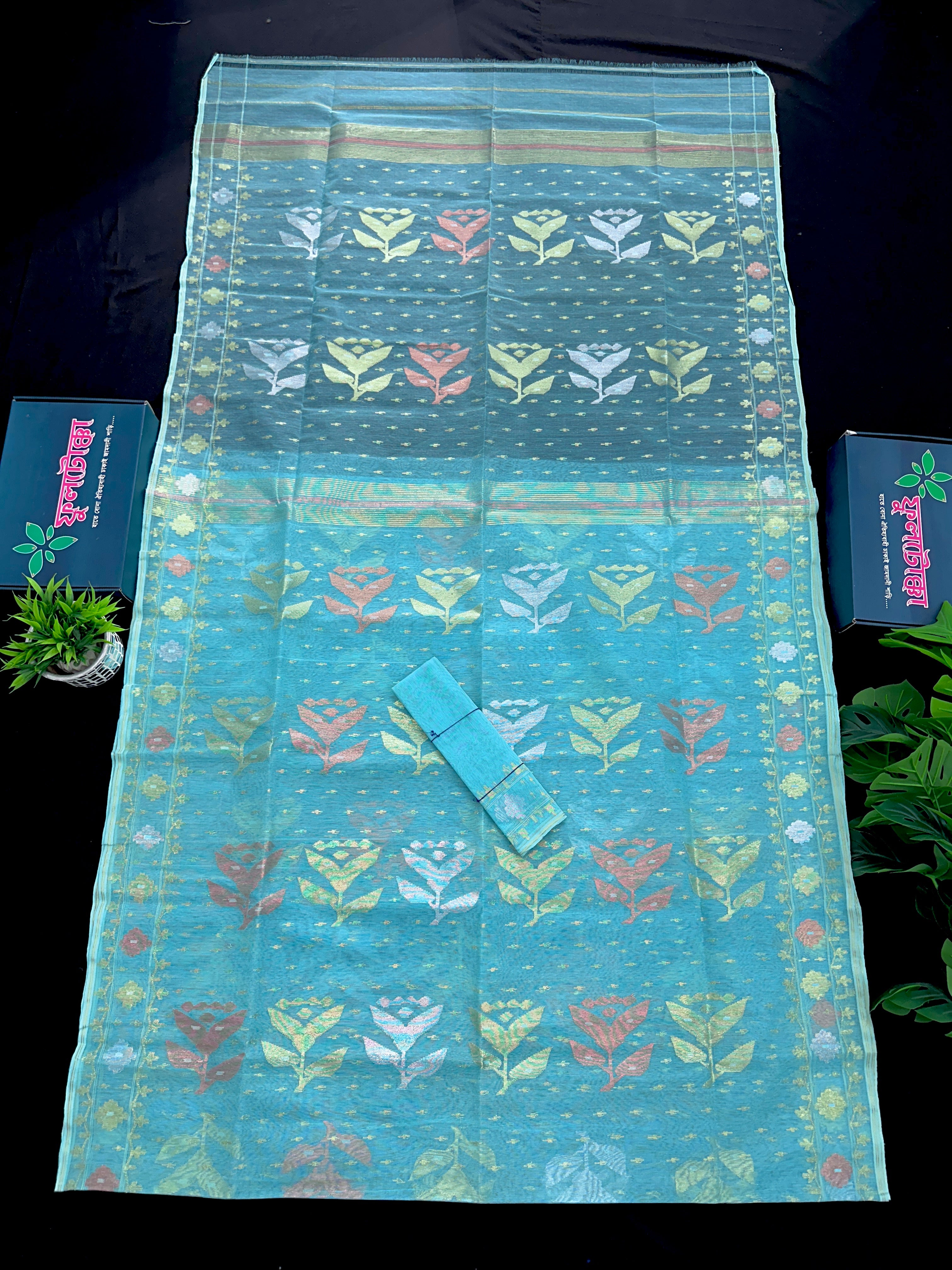 Ocean blue halfsilk jamdani saree with golden silver & copper jori work