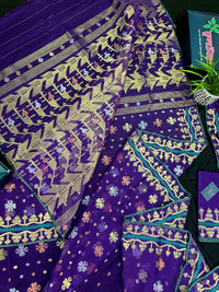 Violate purple jamdani saree all over golden silver and copper jori work.