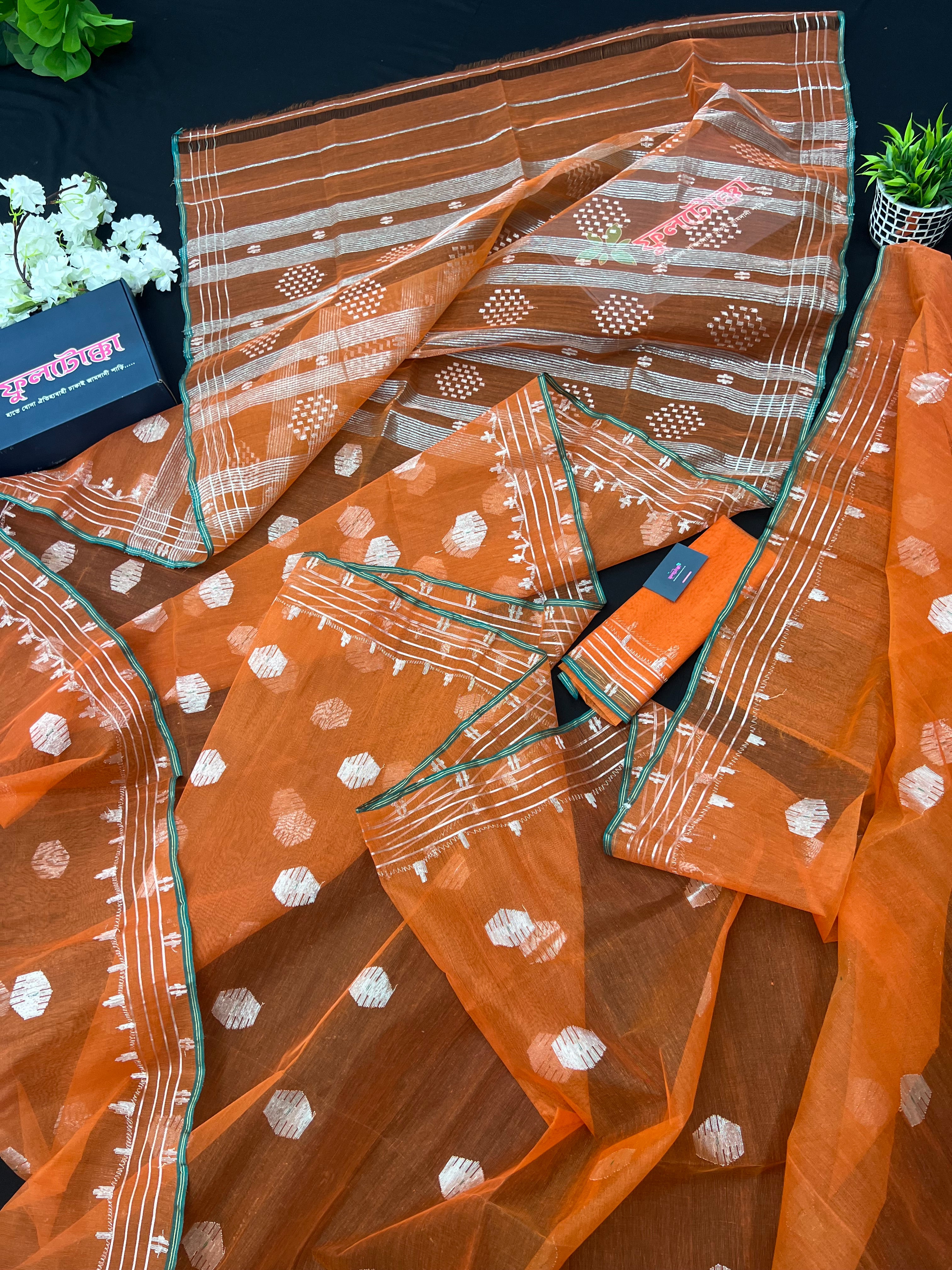 Orange Original Handloom Halfsilk Dhakai Jamdani Saree