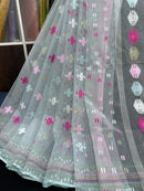 Light Blue Original Handloom Halfsilk Dhakai Jamdani Saree With Pink Blue Off White Threads Work