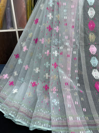 Light Blue Original Handloom Halfsilk Dhakai Jamdani Saree With Pink Blue Off White Threads Work