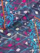 Purplish Blue dual toned jamdani saree with white pink blue threads work & blouse piece.